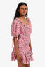 Love Shack Fancy Pink Cotton Floral Print Ruched Dress Size XS