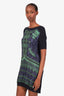 Louis Vuitton Navy/Green Silk Wool Short Sleeve Knit Printed Dress Size S