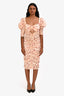 For Love & Lemons Peach Floral Print Ruched Midi Dress Size M
