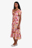 Cinq à Sept Purple/Yellow Satin Floral Ruched Short Sleeve Midi Dress Size 0