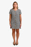 Pre-loved Chanel™ 2018 White/Navy Cotton Blend Tweed SS Owl Gold Button Mini Dress Size 40
