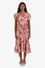 Cinq à Sept Purple/Yellow Satin Floral Ruched Short Sleeve Midi Dress Size 0