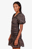 Ganni Black/Brown Seersucker Check Ruched Mini Dress Size 32