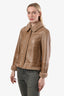 Brunello Cucinelli Tan Leather Shearling Collar Long Sleeve Zip Up Jacket Size 42