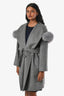Max Mara Studio Grey Wool Fur Trimmed Belted Coat Size