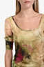 John Galliano Beige Multicolour Printed Open Neck 3/4 Sleeve Top Size S