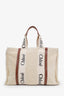 Chloe White/Brown Shearling Calfskin Large Woody Ribbon Tote