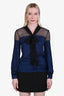 Valentino 2008 Black/Blue Silk Sheer Bow Detail Long Sleeve Blouse Size 2
