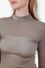 Saint Laurent Taupe Silk Logo Mock Neck Ribbed Shirt Size S