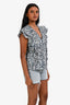 Veronica Beard Cotton Grey/Navy Printed Ruffled Shoulder Sleeveless Top Size 0