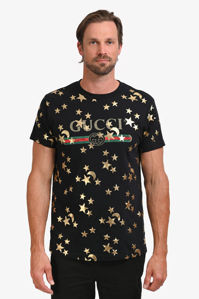 GUCCI 星柄Tシャツ Gucci Black/Gold Logo Star Graphic Crew Neck T-Shirt Size M Mens