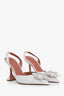 Amina Muaddi White Leather Crystal Embellished Begum Sling Heels Size 37.5