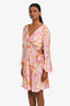 Maje Pink/Orange Satin Floral Ruched Cut-Out Long Sleeve Mini Dress Size 42