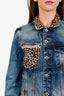 Diesel Blue Cotton Button Up Jacket with Cheetah Print Collar Size S