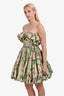 Oscar de la Renta Green/Pink Silk Floral Strapless Puff Mini Dress Size 8