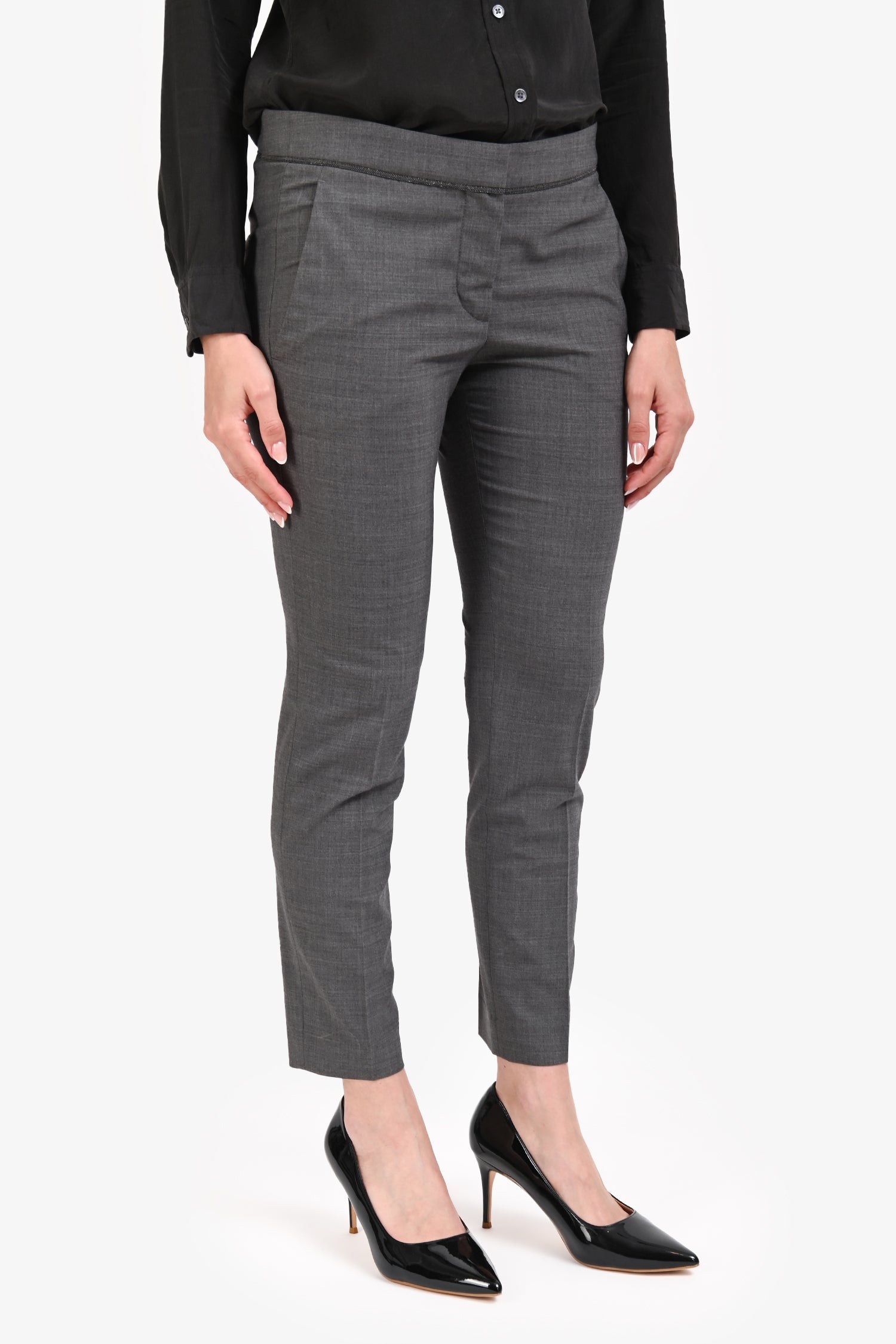 Brunello Cucinelli Grey Wool Bead Lined Slim Trousers Size 6
