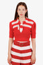 Miu Miu Red/White Mohair Tie Detail Knit Short Sleeve Sweater Size 38