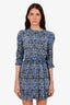 Maje Blue/White Patterned Cinched Waist Ruffle Neck Mini Dress Size 34
