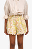 Zimmermann Cream/Green Linen Floral Bow Detail Shorts Size 0