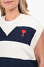 Ami White/Navy Cotton Knit Striped Logo Sweater Vest Size S with Tags