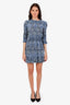Maje Blue/White Patterned Cinched Waist Ruffle Neck Mini Dress Size 34