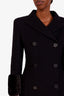 Fendi Black Virgin Wool Silk Midi Coat with Fur Trim Size 36
