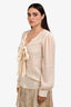 Frame Beige Silk Front Tie Raw Distress Long Sleeve Blouse Size S