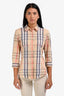 Burberry Beige Cotton Novacheck Button-Up 3/4 Sleeve Top Size S