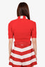 Miu Miu Red/White Mohair Tie Detail Knit Short Sleeve Sweater Size 38