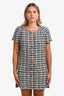 Pre-loved Chanel™ 2018 White/Navy Cotton Blend Tweed SS Owl Gold Button Mini Dress Size 40