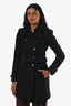 Burberry Brit Black Wool Double Breasted Midi Belted Trench Size 2 US