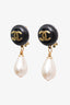 Pre-loved Chanel™ 94A Gold Tone Black Resin Pearl CC Dangle Clip-on Earrings