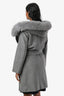 Max Mara Studio Grey Wool Fur Trimmed Belted Coat Size