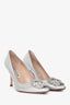 Manolo Blahnik Silver Metallic Leather Crystal Embellished Hangisi Heels Size 36.5