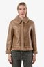 Brunello Cucinelli Tan Leather Shearling Collar Long Sleeve Zip Up Jacket Size 42