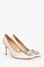 Manolo Blahnik White Satin Bridal Hangisi Embellished Heels Size 38