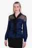 Valentino 2008 Black/Blue Silk Sheer Bow Detail Long Sleeve Blouse Size 2