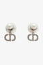 Christian Dior Silver Tone Faux Pearl Crystal Embellished Logo Tribales Stud Earrings