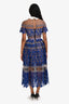 Self-Portrait Blue/Beige Embroidered Floral Collared Short Sleeve Midi Dress Size 0