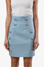 Balmain Blue Wool Double Breasted Silver Button Knee Length Skirt Size 36