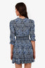 Maje Blue/White Patterned Cinched Waist Ruffle Neck Mini Dress Size 34