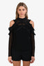 Self-Portrait Black Cutout Ruffled Organza-Trimmed Guipure Lace Top Size 10