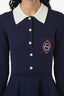 Sandro Navy Blue/White Knit Collared Pearl Button 'S' Logo Dress Size 38