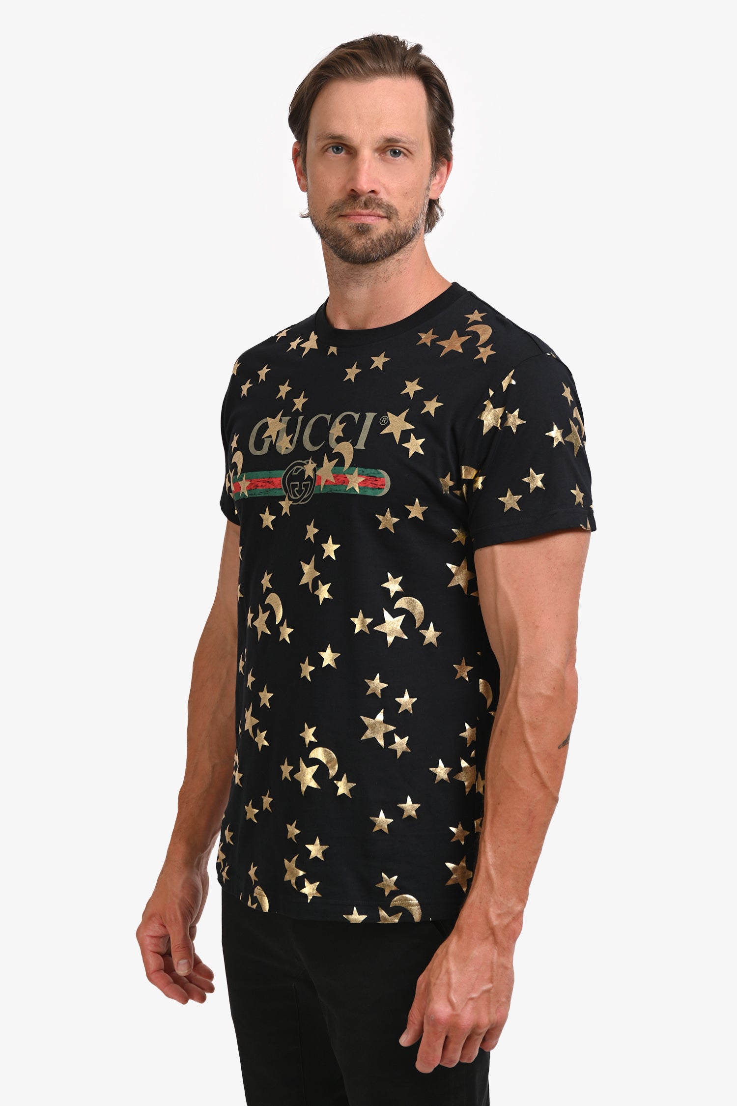 Gucci Black/Gold Logo Star Graphic Crew Neck T-Shirt Size M Mens