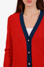 Pre-loved Chanel™ Red/Navy Cashmere Button Up Cardigan Size 34