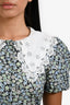 Maje Navy Floral White Embroidered Collar Puff Sleeve Belted Mini Dress Size 36