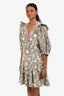 Sandro Green/Cream Cotton Floral Embroidered Puff Shoulder 'Audrey' Mini Dress Size 40