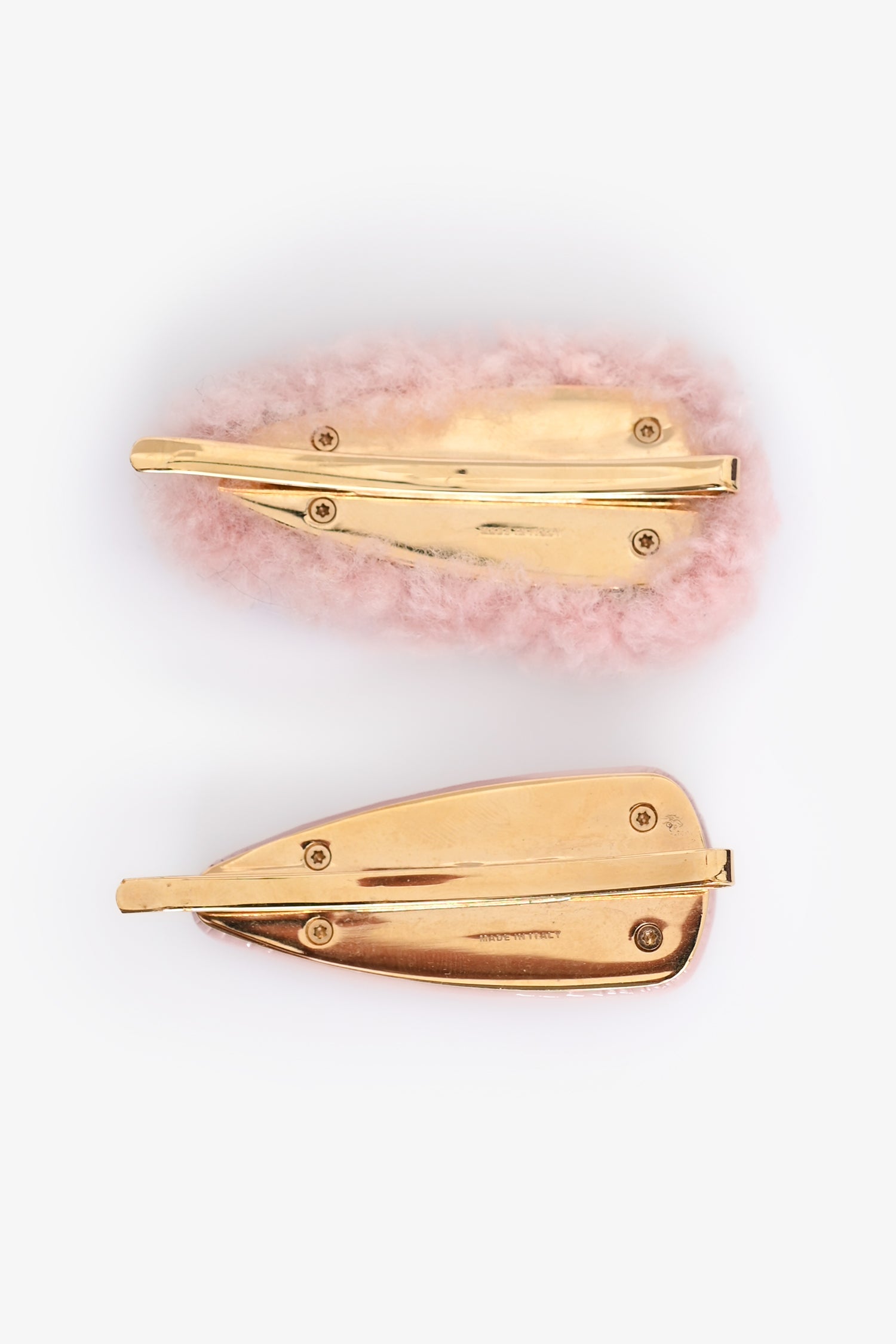 Miu Miu Pink Patent Leather Shearling Fur Logo Hair Clip Set of 2