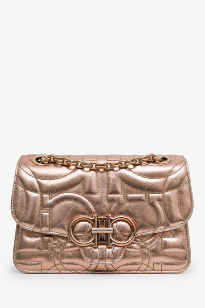 Salvatore Ferragamo Gold Metallic Gancini Quilted Leather Shoulder