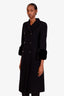 Fendi Black Virgin Wool Silk Midi Coat with Fur Trim Size 36